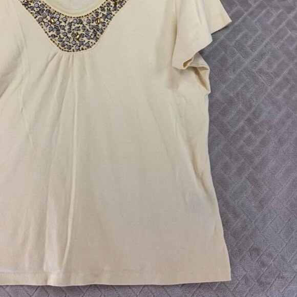 Avenue Womans 14/16 Top T Shirt Light Yellow Beaded Short Sleeve V Neck - Picture 4 of 12
